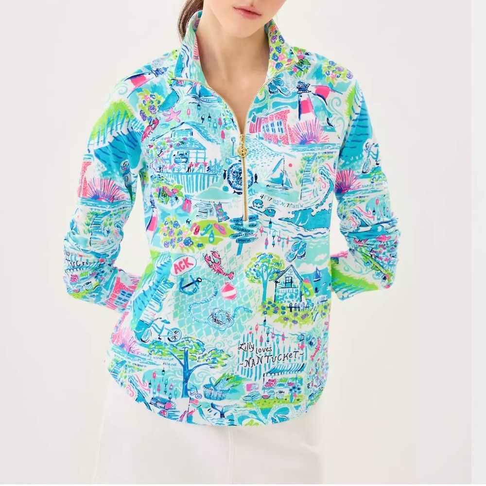 New Lilly Pulitzer UPF 50+ Skipper Popover Whisper Blue Lilly Loves Nantucket M